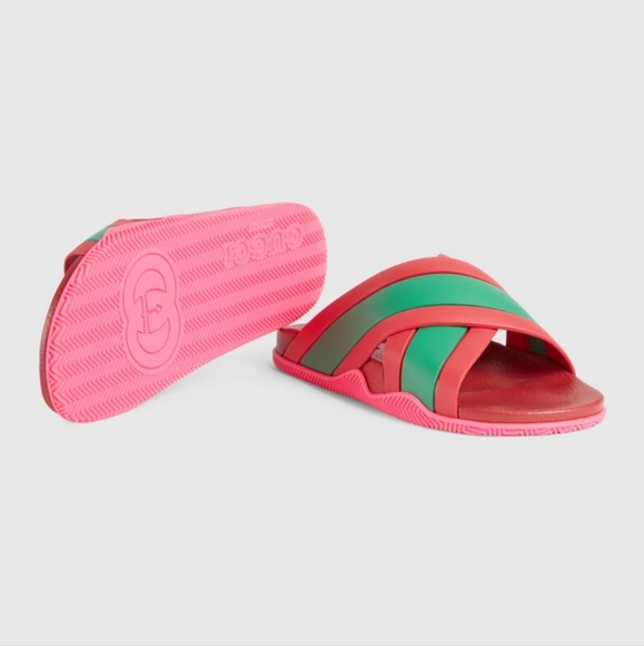 GUCCI Rubber Web Womens Criss Cross Slide Sandals  Coral New Shamarock - Picture 4 of 13